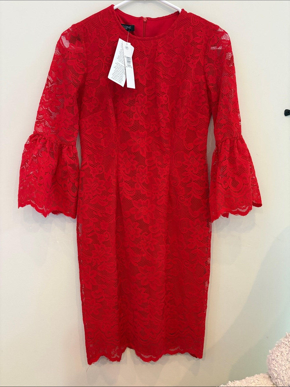 Red Lace Bell-Sleeve Sheath Dress